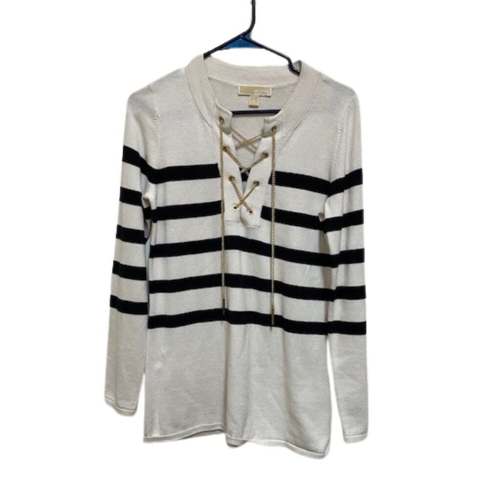 MICHAEL Michael Kors White & Black Striped Lace-Up Crew Sweater
